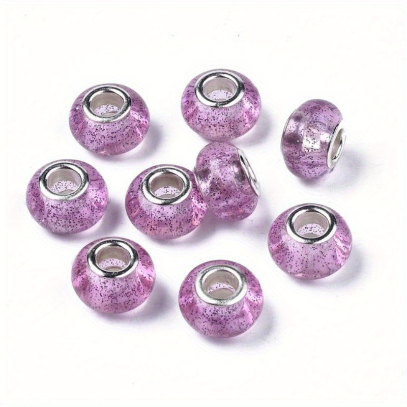 50pcs Assorted Purple Resin Imitation Glass European Large Hole Beads  Rhinestone Metal Spacer Charms Bead Assortments for DIY Crafts Bracelets  Necklaces Jewelry Making (M570-Purple)