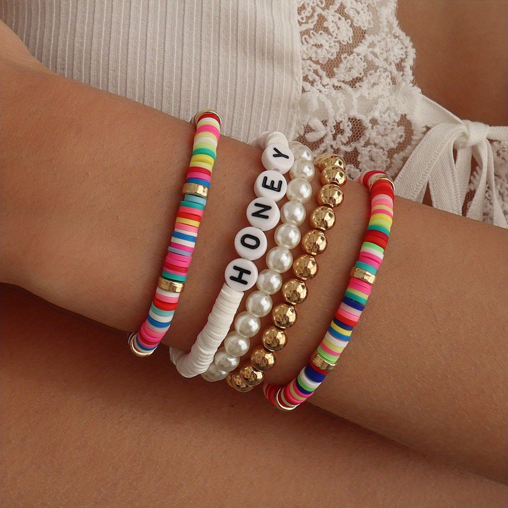 Boho Style Soft Clay Beads Beaded Bracelet Handmade Simple - Temu
