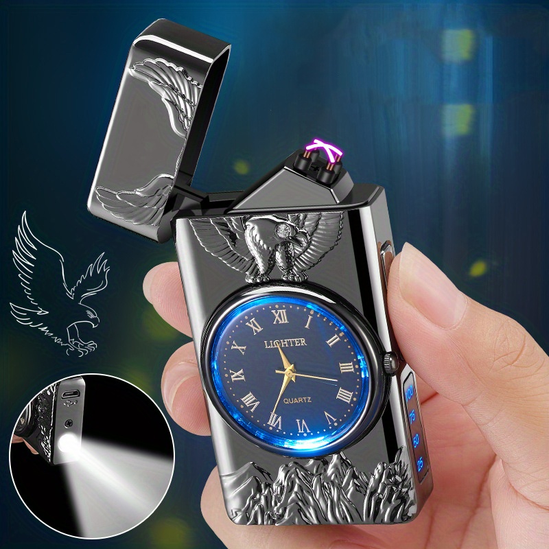 1pc double arc lighter embossed eagle cool real dial led lighting charging igniter details 0