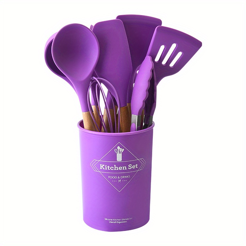 Wooden Handle Silicone Kitchenware Set Cooking Shovel Spoon Set Storage  Bucket Kitchen Utensils - Temu
