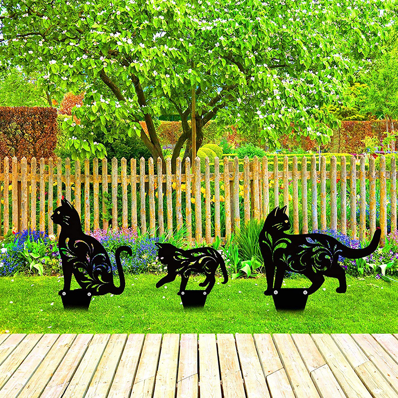 Herefun Décoration de Jardin Chat, 3 Pcs Chat Silhouette en Métal