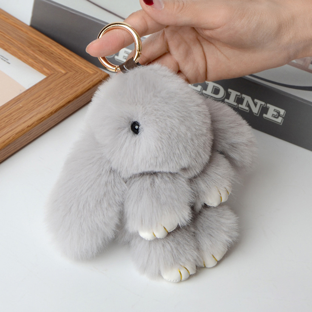 15cm Cute Fluffy Bunny Keychain Genuine Rex Rabbit Fur Key Chains For Women  Bag Toys Doll Fluffy Pom Pom Lovely Pom Pom Keyring