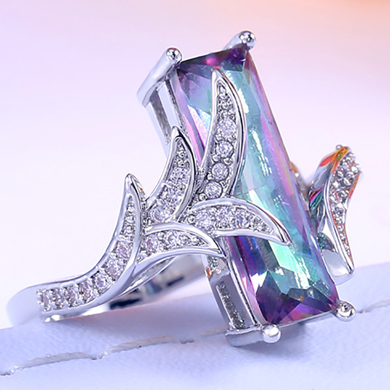 Rainbow Square Topaz Ring For Women Banquet Party Jewelry Gifts