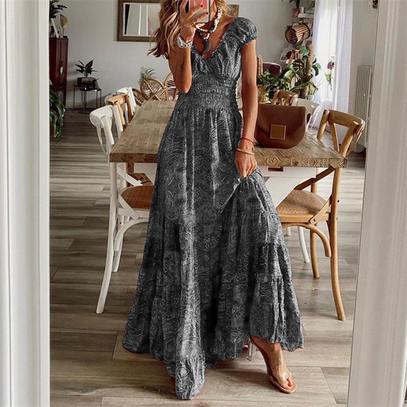 Women's Bohemian Grey Floral Tiered Ruffle Maxi Dress