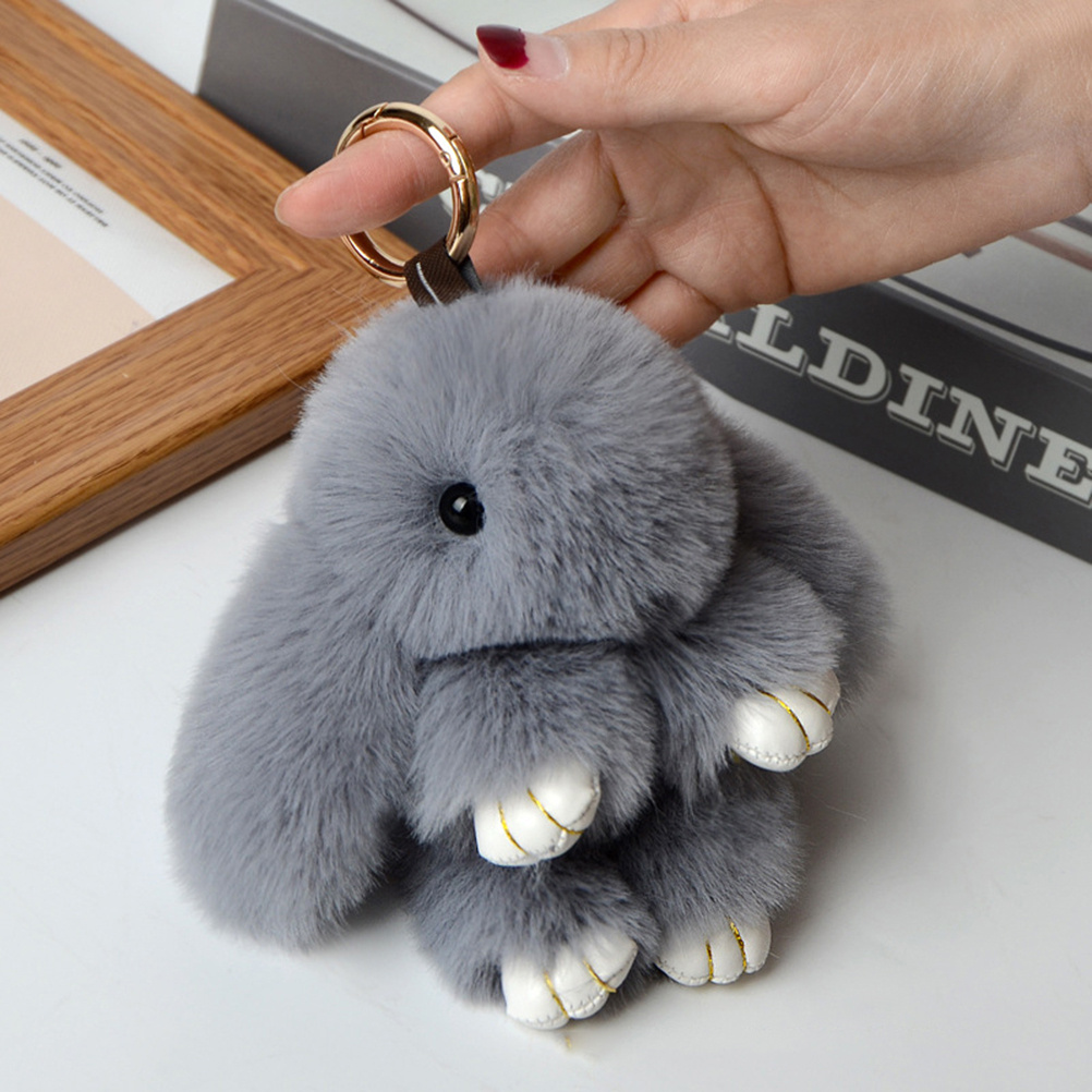 15cm Cute Fluffy Bunny Keychain Genuine Rex Rabbit Fur Key Chains For Women  Bag Toys Doll Fluffy Pom Pom Lovely Pom Pom Keyring