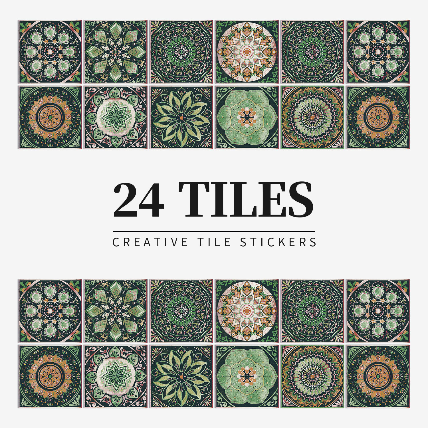 

24pcs Wacolor Retro Mandala Tile Stickers - Waterproof, Self-adhesive Vinyl Decals With Intricate Green, Brown, Patterns For Kitchen & Bathroom Backsplash, 10/15/20cm, Bathroom Wall Stickers