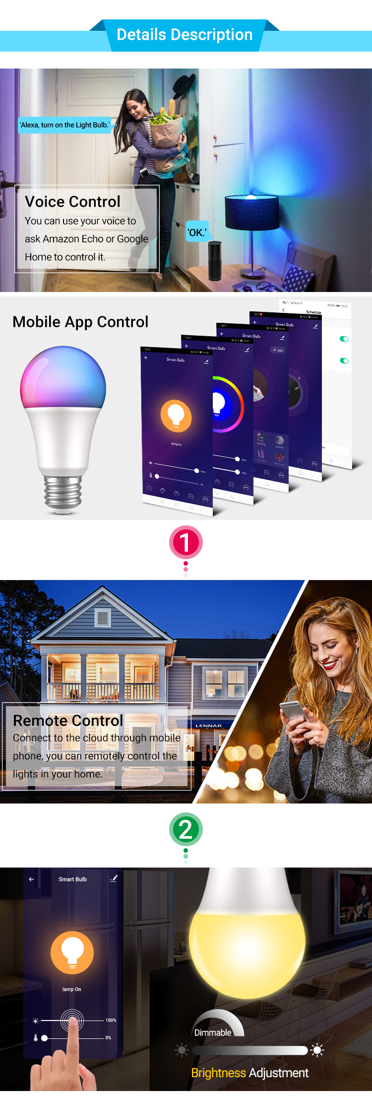 1pc smart light bulb 9w a19 a60 led light bulb 800lm cri 90 rgb color changing wifi light bulb compatible with alexa google assistant for smart home lighting decor details 1