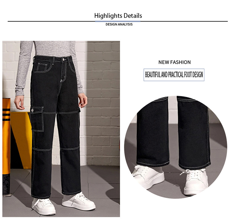 Black Flap Pockets Straight Cargo Jeans Zipper Button - Temu Canada