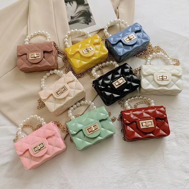 little girls Cute silicone mini jelly handbag kids Candy Color Crossbody  coin purses pearl shoulder bag