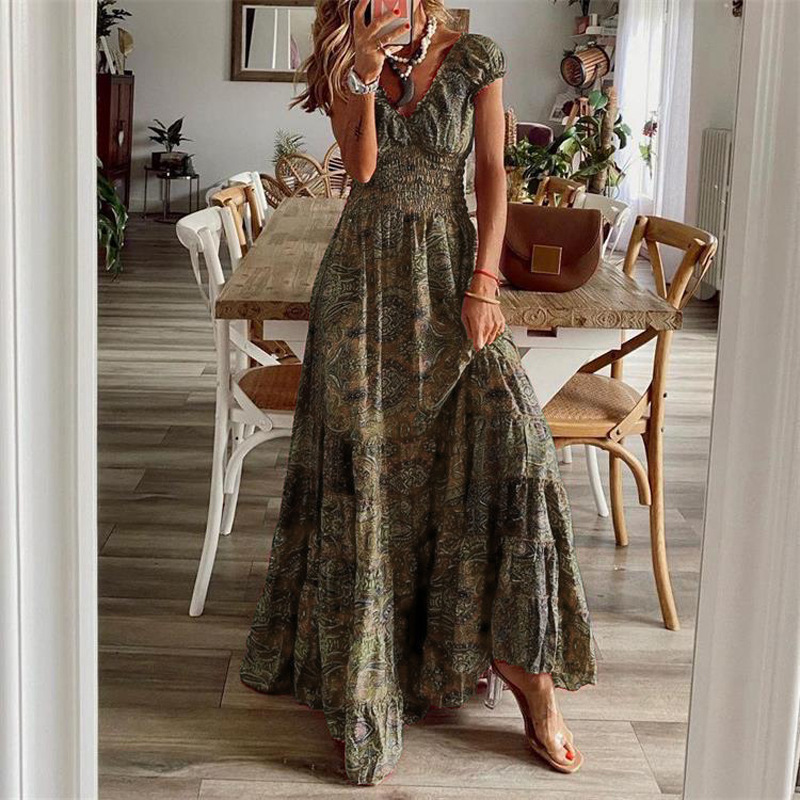 Floral Print Ruffle Neck Long Dress Boho Short Sleeve Waist - Temu