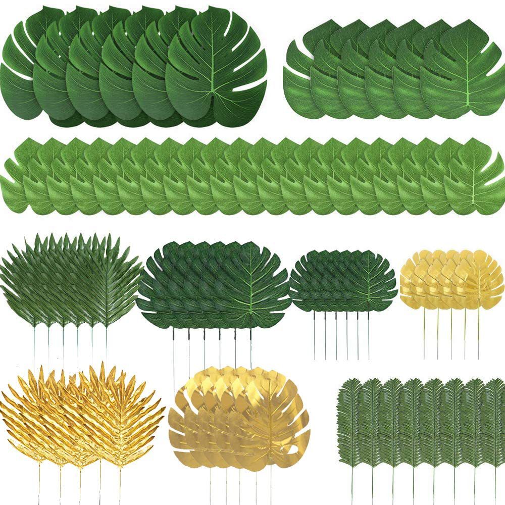 Giftown 72 Pieces 10 Kinds Artificial Palm Leaves Golden Tropical Leaves with Stems Jungle Leaves Decorations for Hawaiian Luau Party Beach Baby