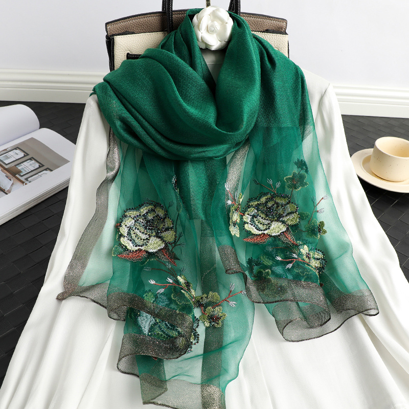 Classic Flower Embroidery Silk Scarf Colorful Shawl - Temu