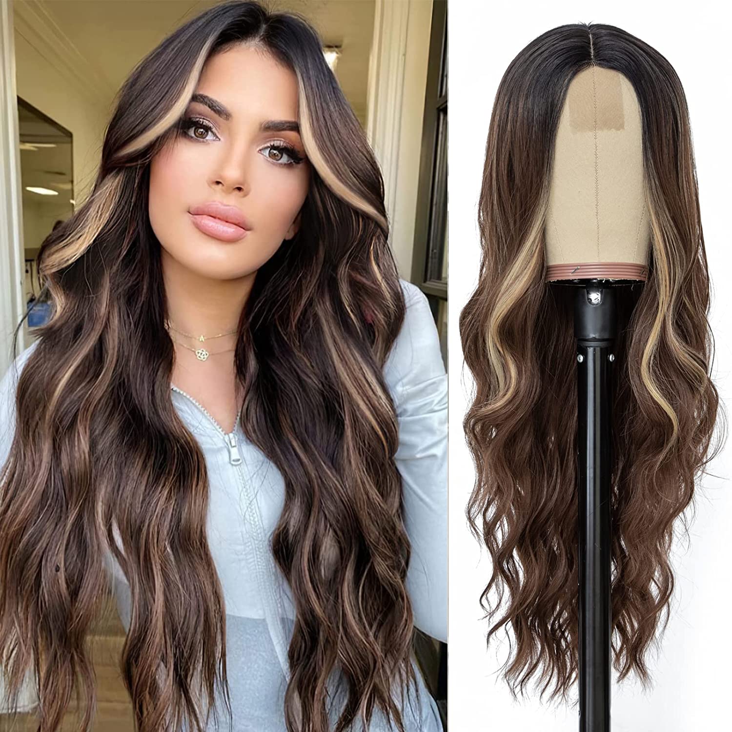 Long Straight Highlights Wig for Black Women Brown Mixed Blonde Wig 28 Inch  Synthetic Middle Part Hair Natural hairline Wigs Heat Resistant Fibre for  Daily Party Use