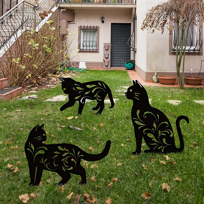 3pcs Metal Cat Garden Statues Black Cat Silhouette Cat Decorative Garden Stakes Garden Outdoor Statues Animal Stakes For Yard Decor And Lawn Ornaments Halloween Decorations