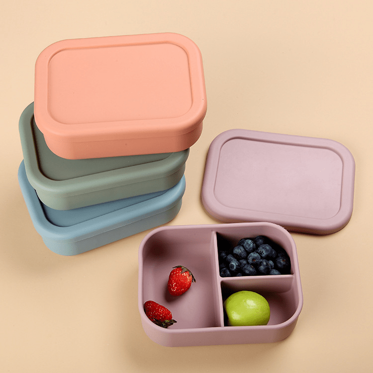 Silicone Kids Bento Lunch Box, Reusable 3 Compartment Silicone