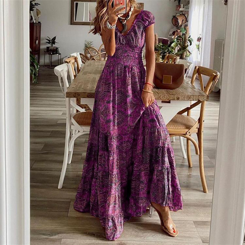 Floral Print Ruffle Neck Long Dress Boho Short Sleeve Waist - Temu Canada