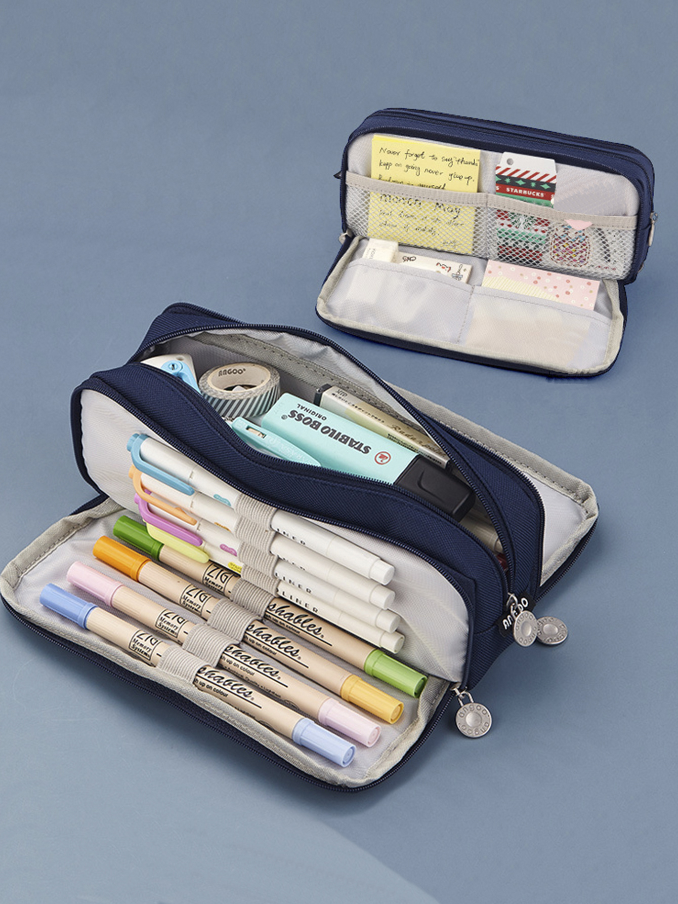COFEST Large Capacity Double Layer Canvas Pencil Case,Multifunctional  Portable Stationery Case,Minimalist Student Pencil Case Blue 