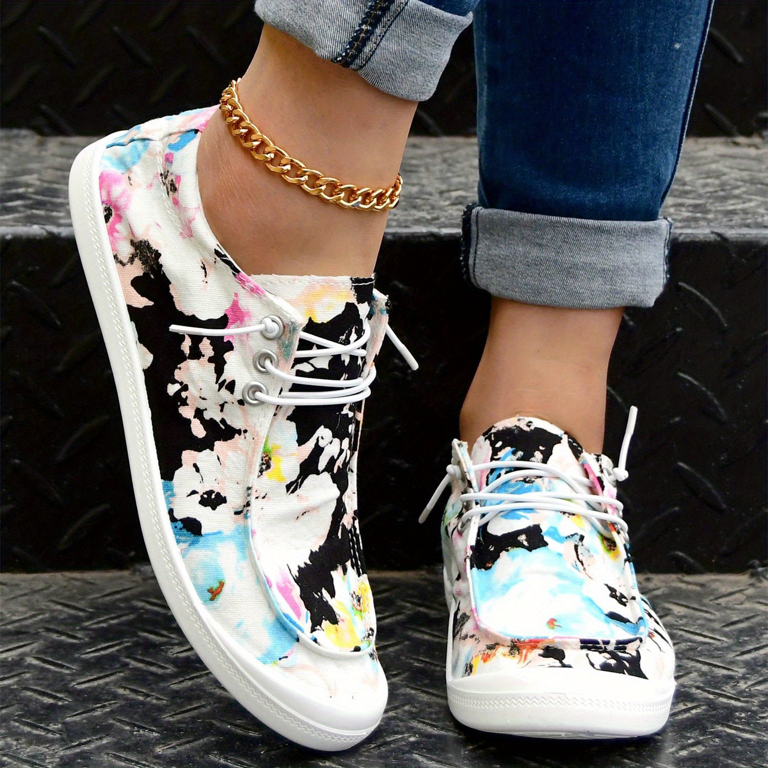 Plus Size Tie Dye Flowers Print Canvas Round Toe Sneakers, Women's Tie Dye Lace Up Top Casual Fashion Shoes,Temu