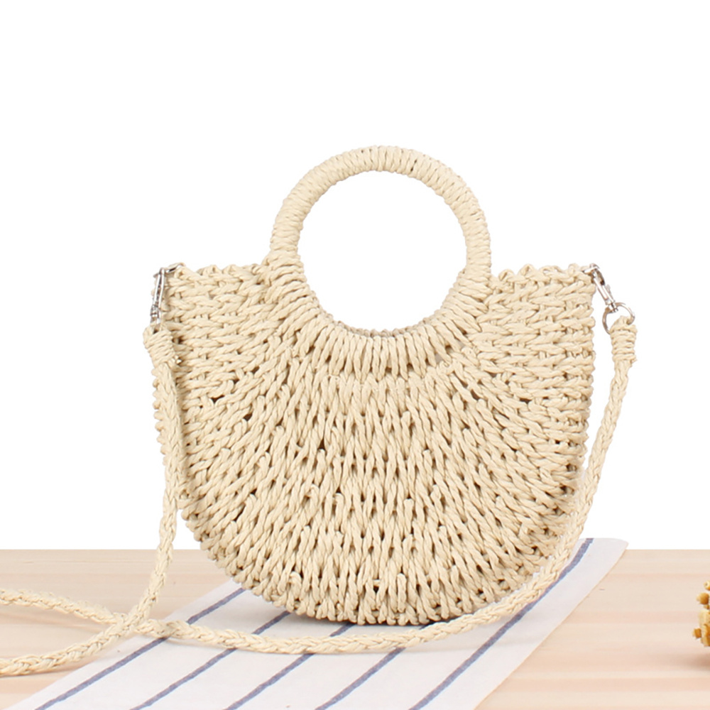 Khaki Small Summer Crossbody Half Round Woven Straw Bag