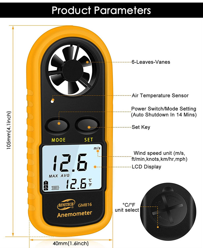 Qotone GM816 Portable Air Velocity Wind Speed Temperature Gauge