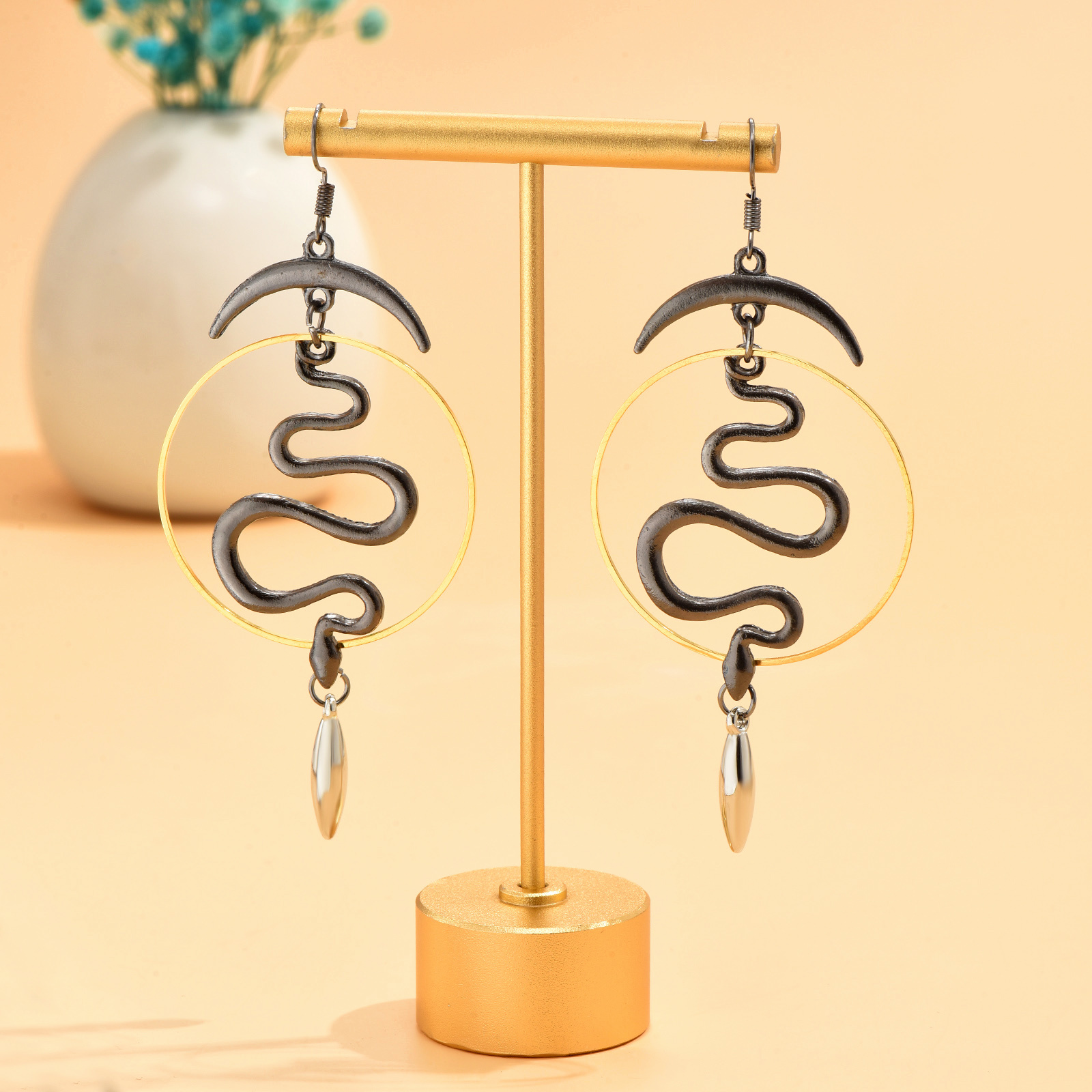 Vintage Silvery Boho Cutout Moon Snake Pattern Fashion Dangle Earrings Simple Women Earrings Valentine's Day Gift