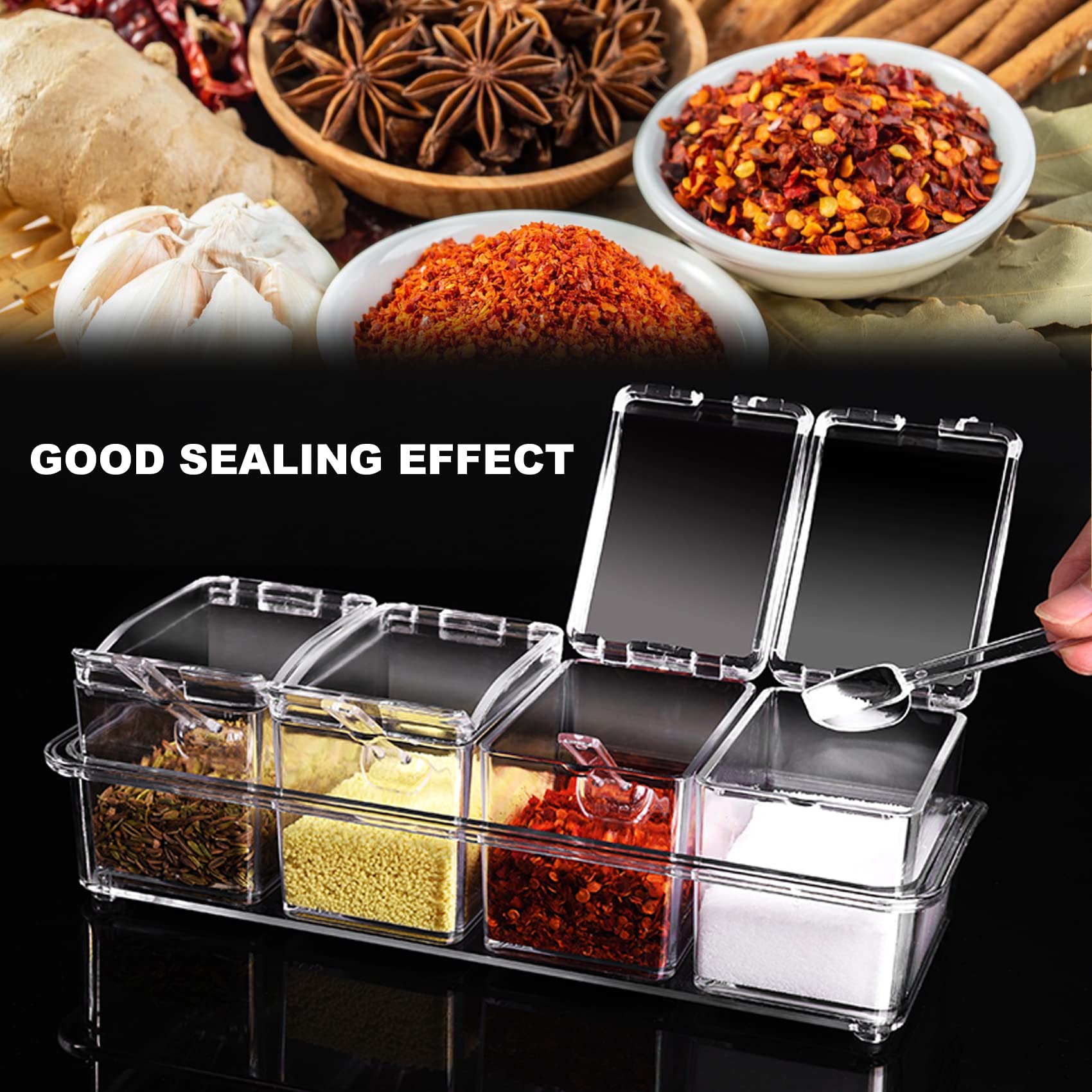 1 Set Clear Seasoning Box Set 4pcs Clear Seasoning Storage Container With  Spoon Clear Seasoning Rack Spice Pots For Pepper Spice Salt Sugar Storage,  Kitchen Stuff