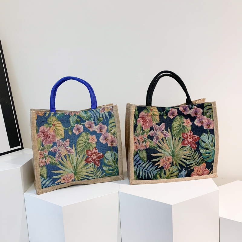 Coated Canvas Mini Tote Bag with Floral Embroideries