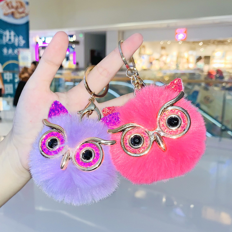 Plush Owl Keychain Faux Rabbit Fur Ball Bag Charm Fur Car Pendant