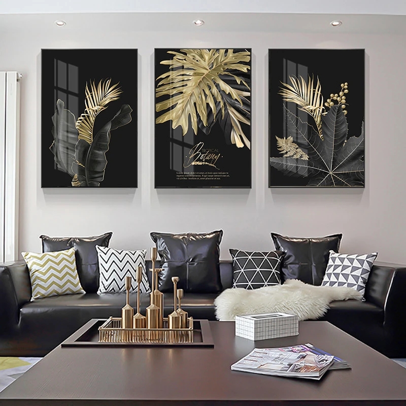 3pcs Frameless Black Poster Wall Art Canvas Painting Gold Leaves 