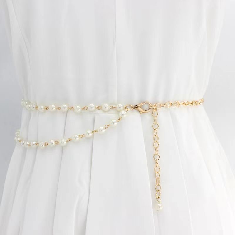 Faux Pearl Waist Chain Women's Gold Chain Decoration Delicate Thin Belt ...