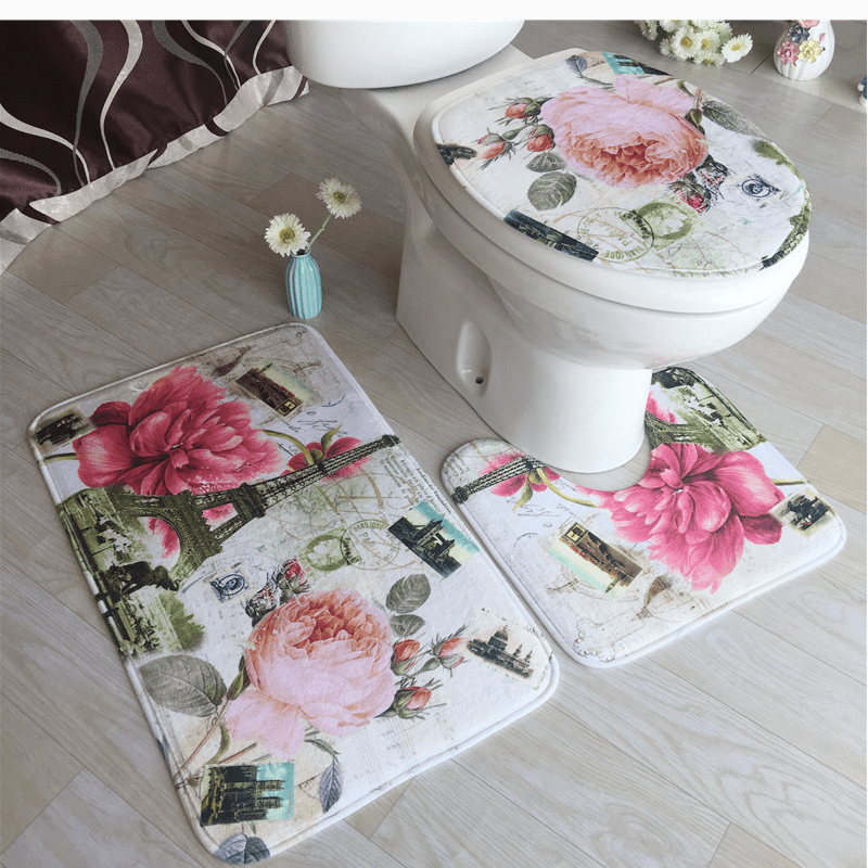 Flower Printed Toilet Mat, Floor Carpet Bathroom Waterproof Slip