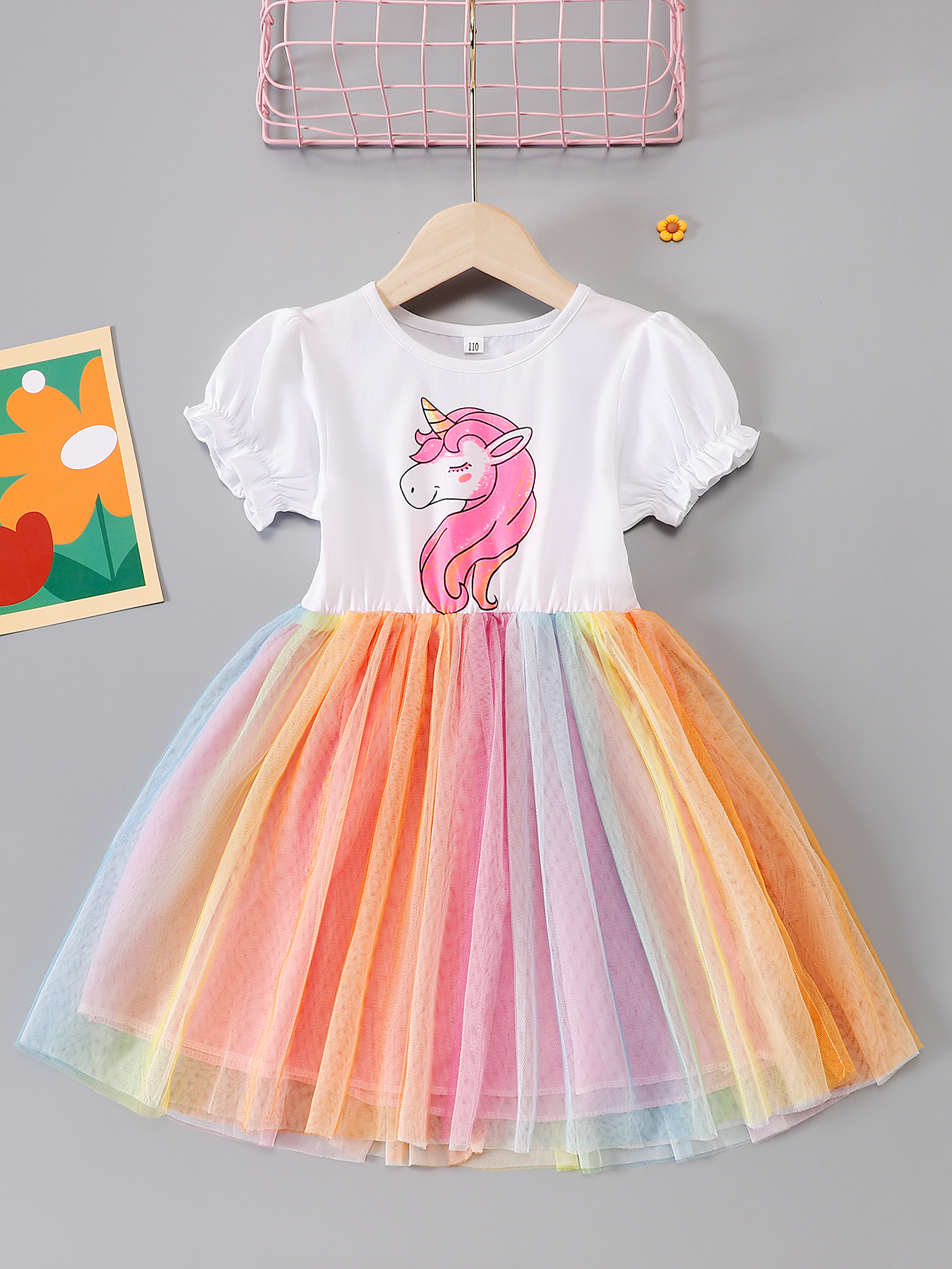 Girls Short Puff Sleeve Frill Trim Unicorn Graphic Rainbow - Temu