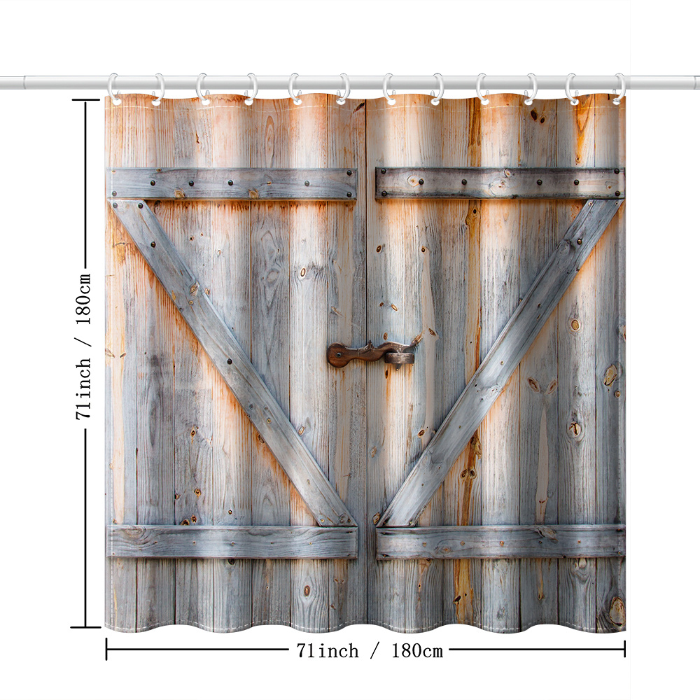 Rustic Shower Curtain With Farmhouse Wooden Planks And Plastic Hooks