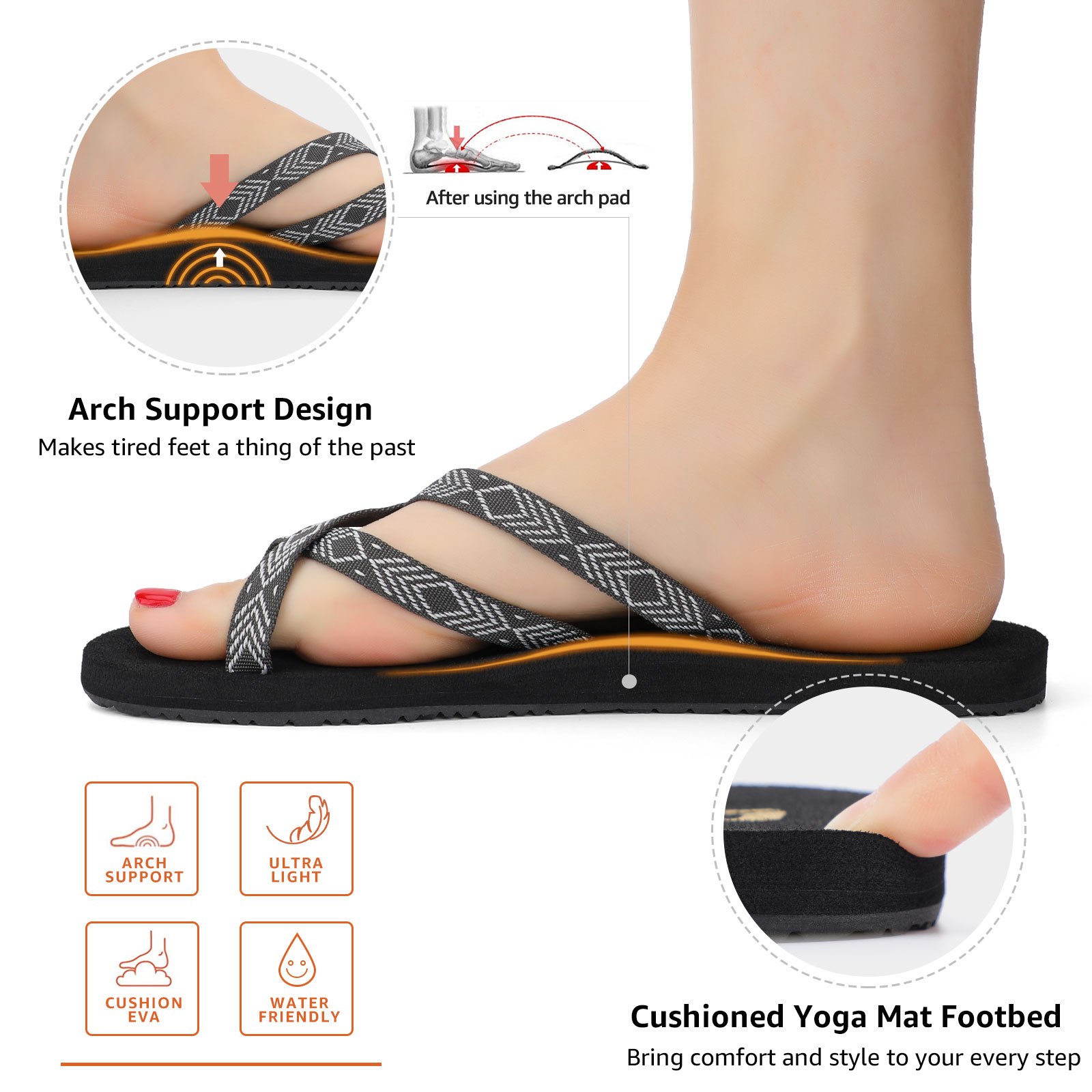 Womens Yoga Mat Soft Cushion Arch Support Flip Flops Summer Leather Beach  Flat Thong Sandals Non-slip Rubber Sole