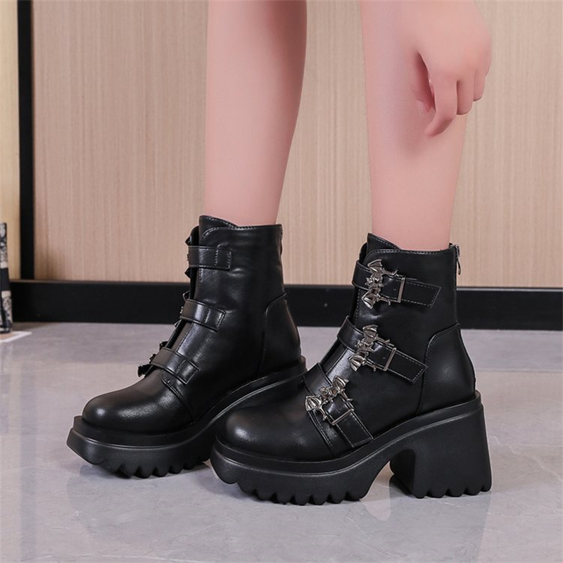 Platform Combat Boots Block Chunky Heels Buckle Punk Goth 