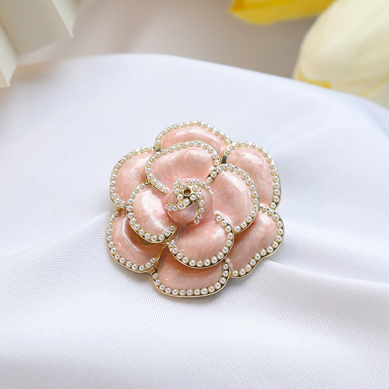 Brooches For Women With Rhinestones Pearl - White Camellia Floral