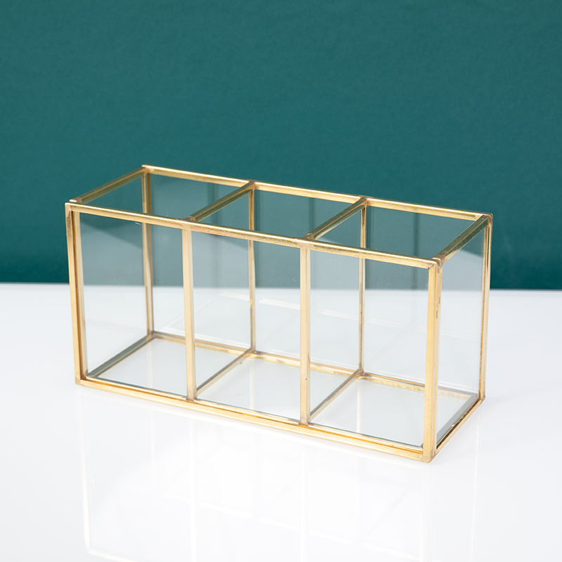 E-shop 3-Fach Organizer - Make-up Pinselhalter im Vintage-Stil aus Messing und Glas mit Spiegelbasis, ideal für Büro, Badezimmer und Schminktisch,