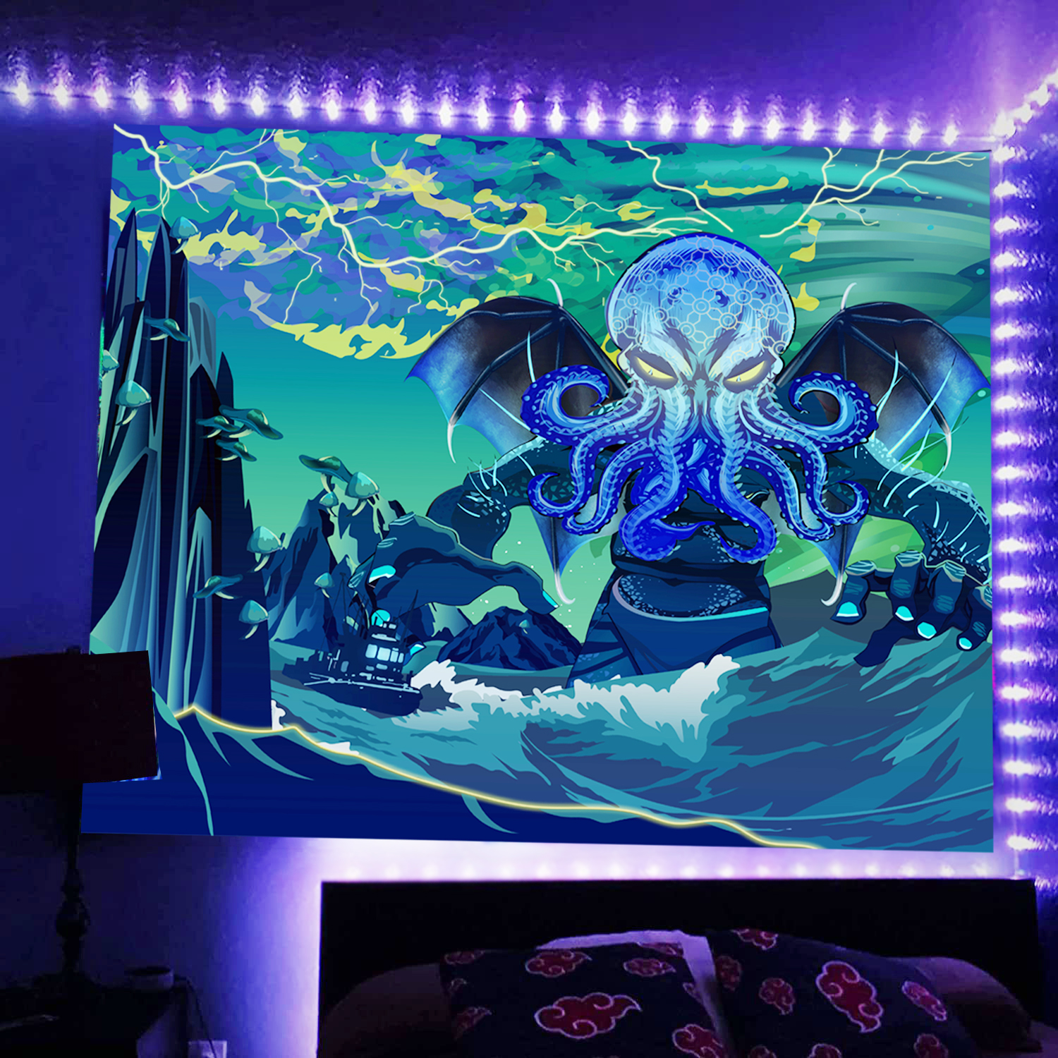 Magic 3d Mushrooms Art Uv Reactive Blacklight Tapestry Alien - Temu