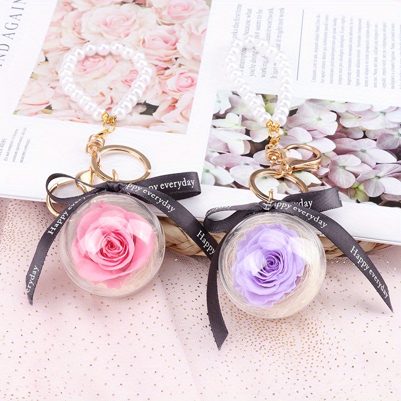 Valentine's Day Bow Real Rose Eternal Flower Pearl Chain Key Chain Creative  Rose Car Key Chain Bag Pendant Gift - Temu