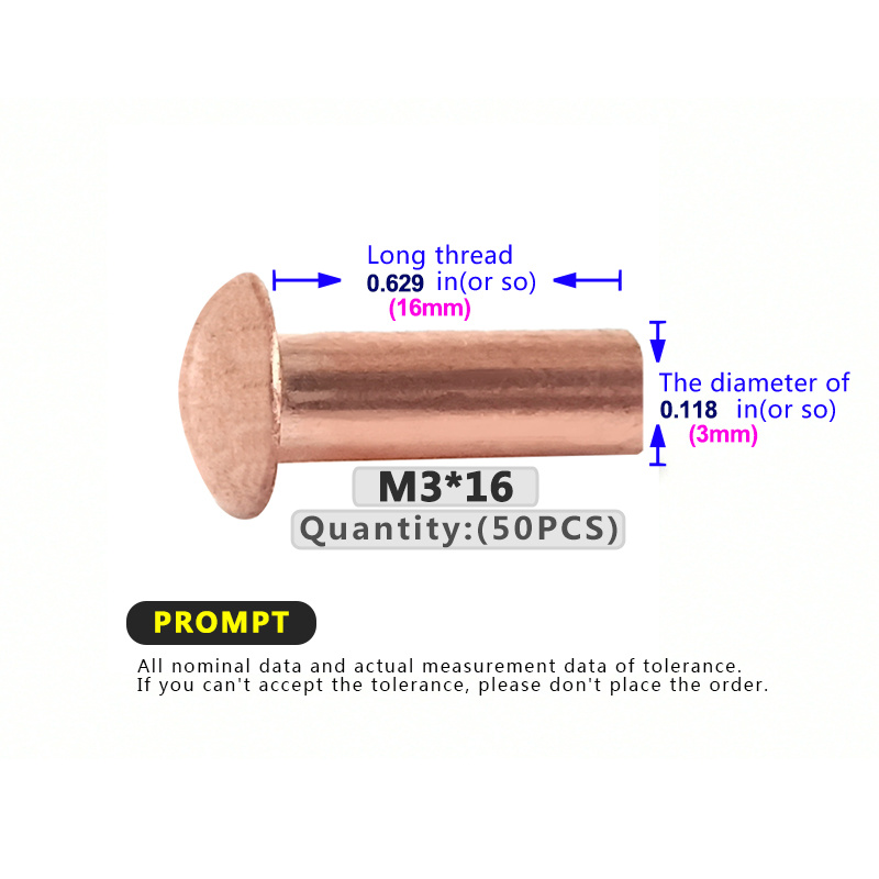 MroMax 10Pcs M6 Round Head Copper Solid Rivets Fastener 0.24 Dia
