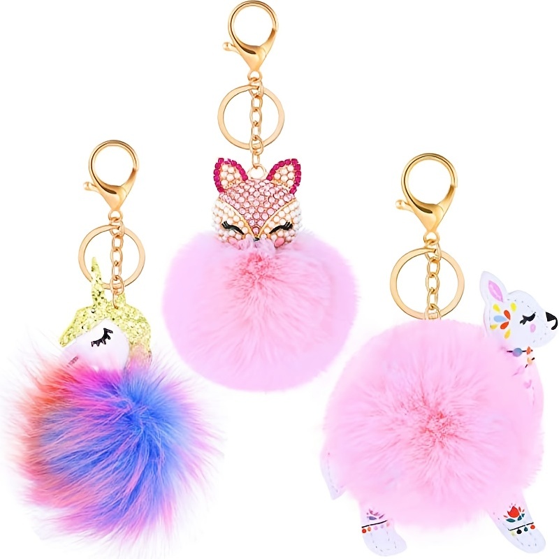 Cute Plush Pompom Unicorn Keychain Round Ball Pom Pom Faux Rabbit