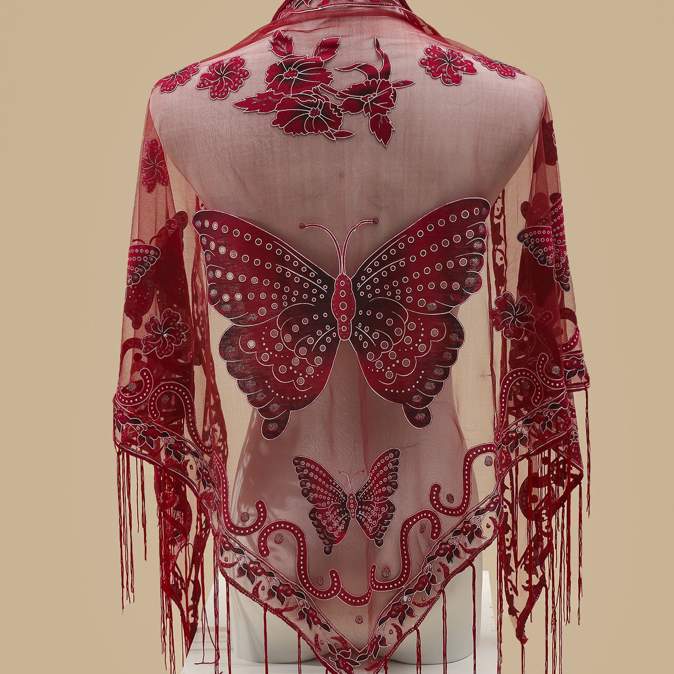 TEMU Bufanda triangular con borlas y encaje de flores dañadas por mariposas, chal pequeño, capa pequeña versátil para , verano, otoño e invierno,