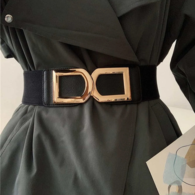 Ladies Adjustable Wide Stretch Gold Buckle Elastic Waistband Corset Waist  Belt