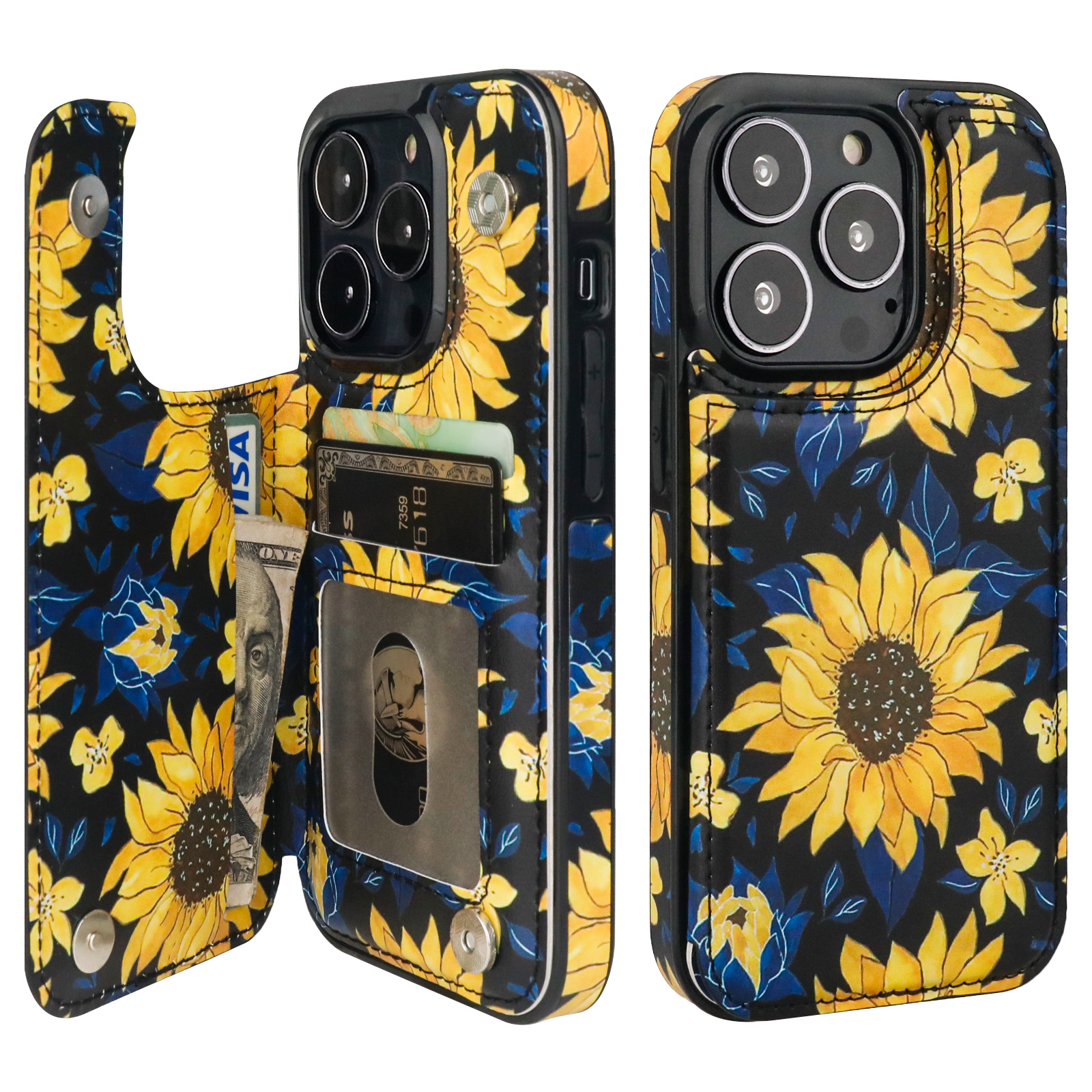 for iPhone 13 Leather Wallet Protective Cover,Folio Case Sunflower