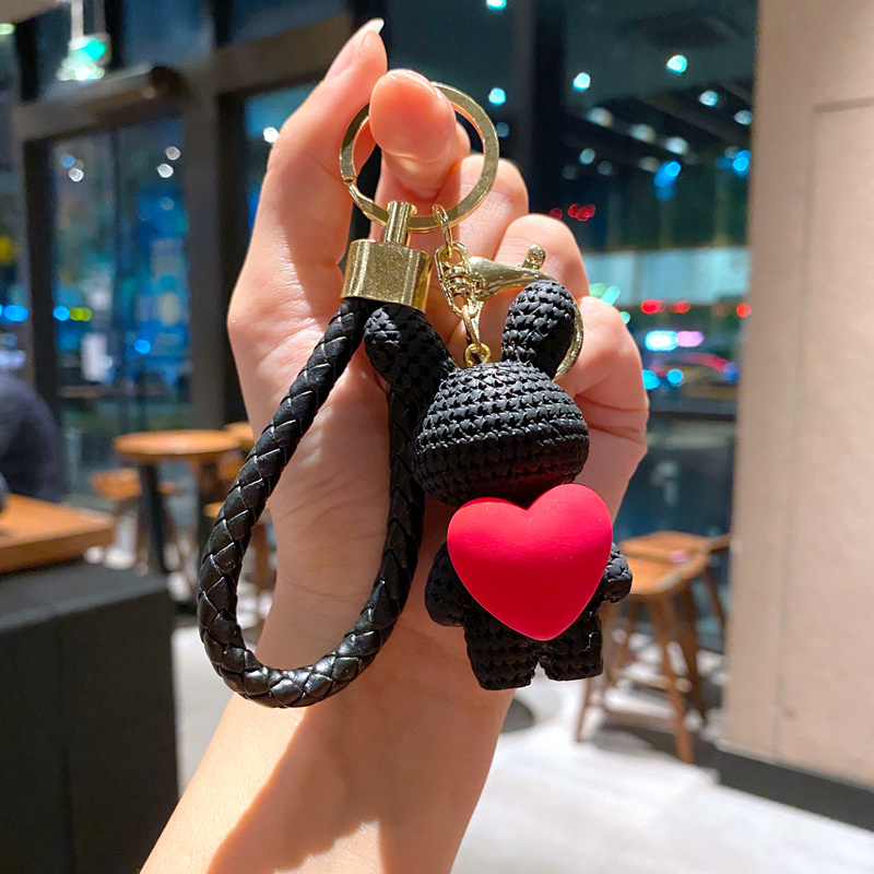 2022 Cartoon Woolen Bear Doll Keyring Animal Holding Pink Heart Keychains  Women Girl Car Bag Charm Key Chains Pendant Gifts