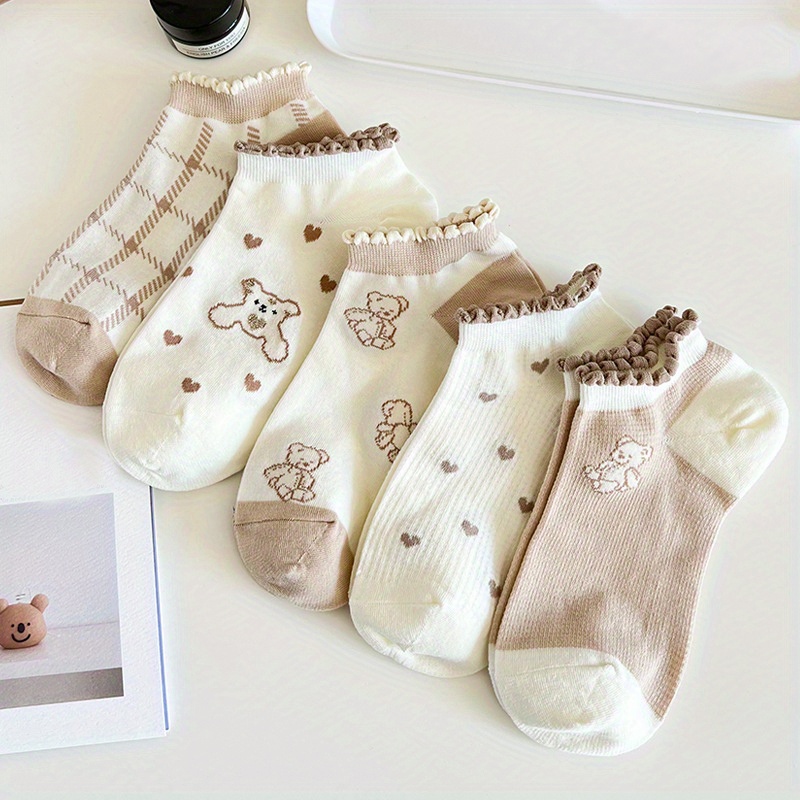 Cartoon Animal Print Socks, Comfy & Cute Lettuce Trim Socks