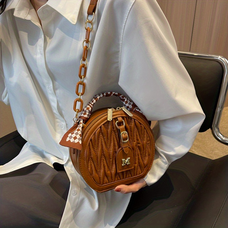 Quilted Round Handbag, Scarf Decor Chain Crossbody Bag, Women's Pu Leather  Circle Purse - Temu Croatia