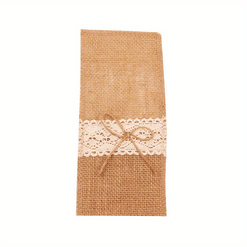 Image of Diy Jute Home Wedding Celebration Table Party Decoration Lace Bow Knife And Fork Bag 10pcs Per Pack 11cm/4.33inch*22cm/8.66inch