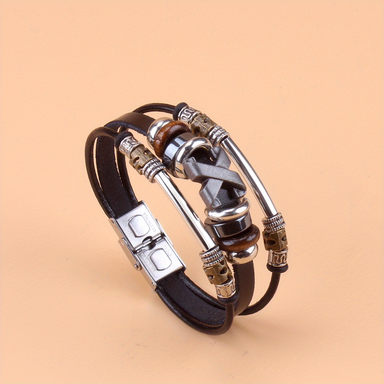 X Beaded Pu Leather Stainless Steel Bracelet For Men And Women
