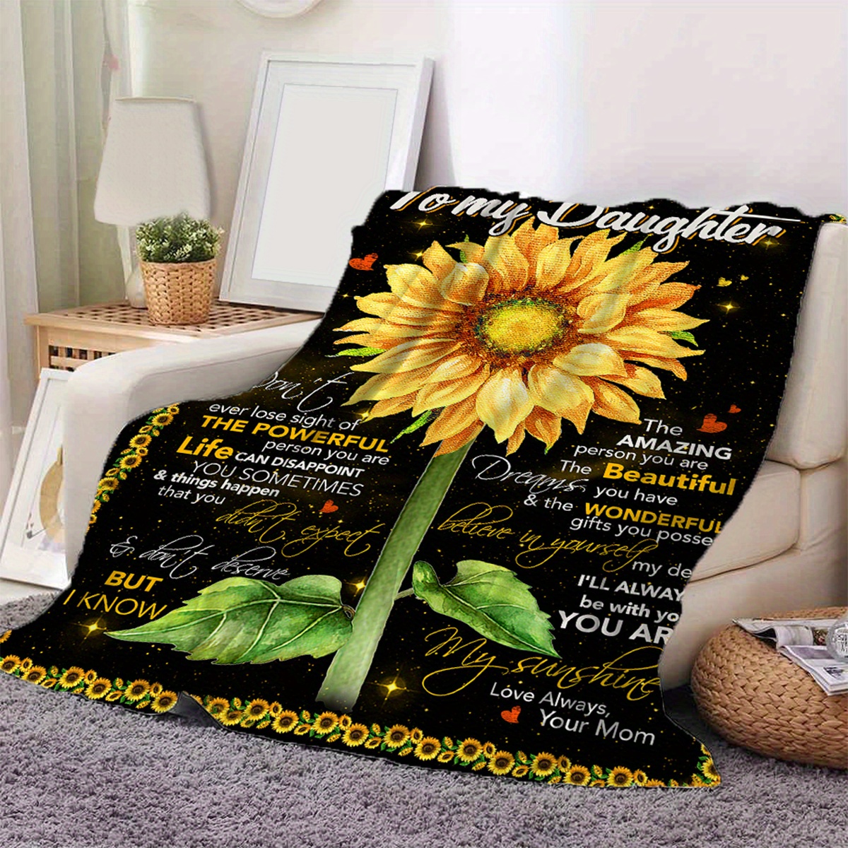 to My Daughter Blanket from Mom Daughter Gifts Sunflower Letter Printed  Throw Fleece Blankets Birthday Gifts for Daughter Birthday, Super Soft  Flannel